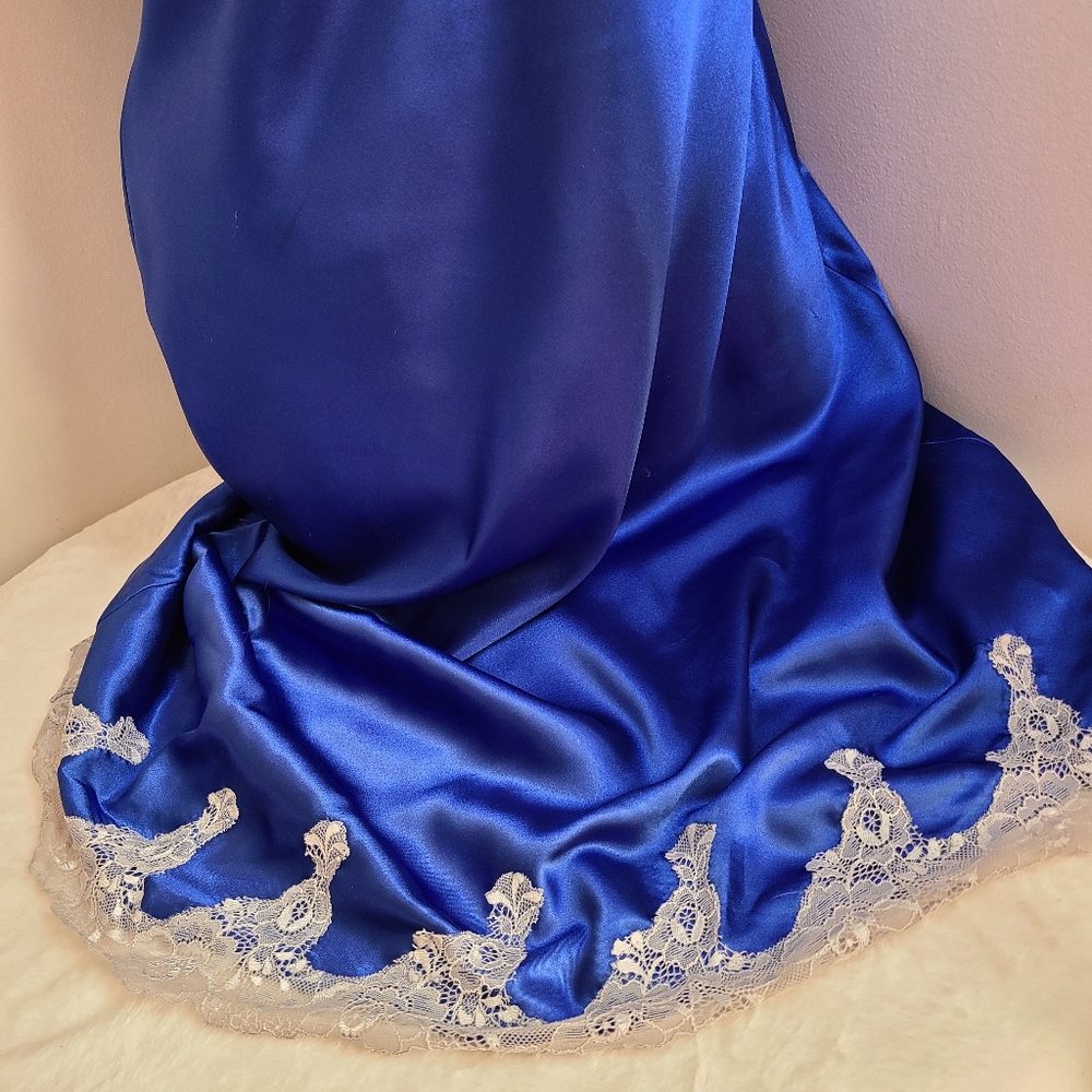 VTG Jones New York Silky Satin Lace Midi Slip Dress Size M Cobalt Blue - Picture 3 of 8